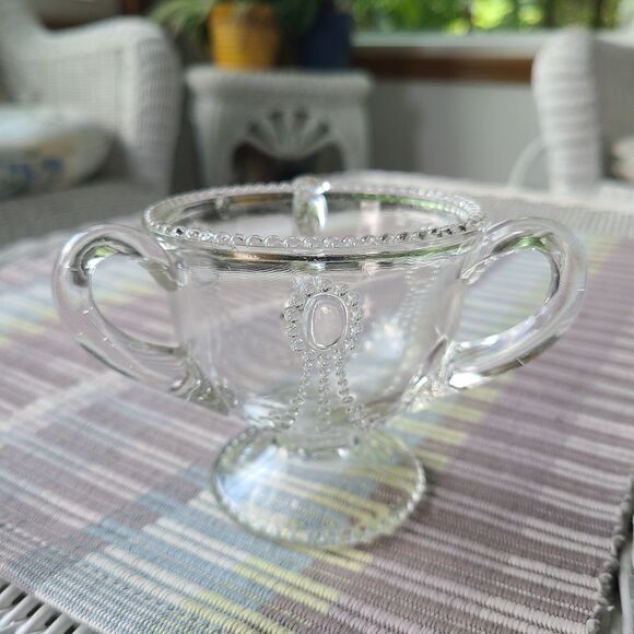Antique Indiana Glass Jewel & Festoon Clear Glass Mini Loving Cup Three Handles - Picture 3 of 9